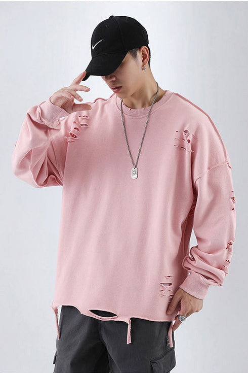 Men's Hip Hop Solid Color Pullover Hole Sweatshirts