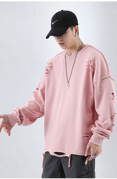 Men's Hip Hop Solid Color Pullover Hole Sweatshirts
