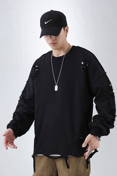 Men's Hip Hop Solid Color Pullover Hole Sweatshirts