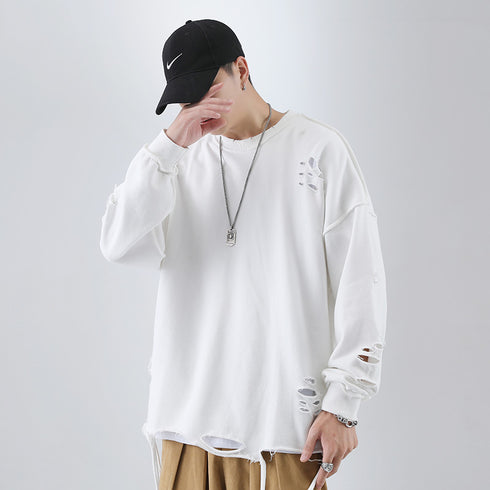 Men's Hip Hop Solid Color Pullover Hole Sweatshirts