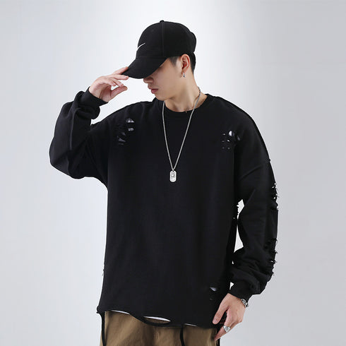 Men's Hip Hop Solid Color Pullover Hole Sweatshirts