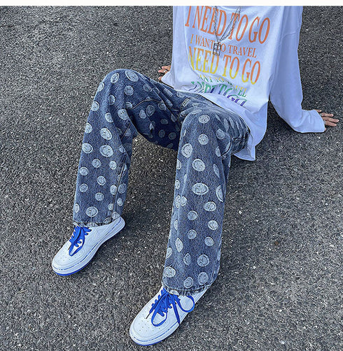 Men's Loose Fit Straight Wide Leg Smiling Face Denim Jeans