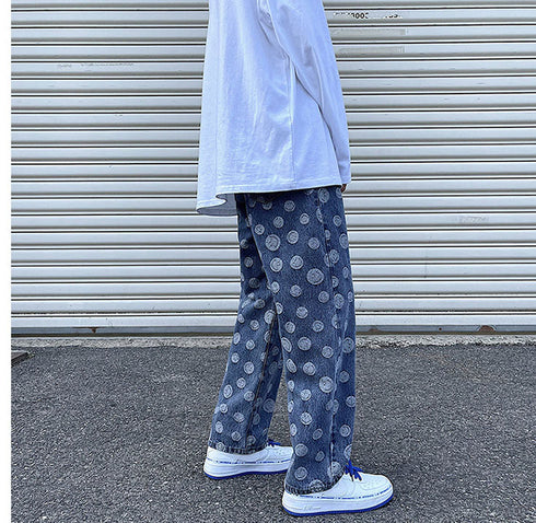 Men's Loose Fit Straight Wide Leg Smiling Face Denim Jeans