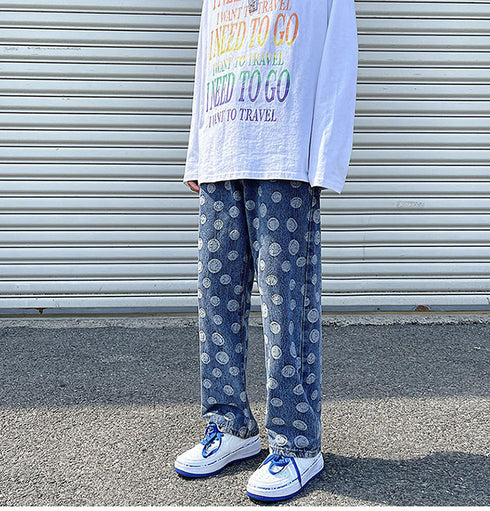 Men's Loose Fit Straight Wide Leg Smiling Face Denim Jeans