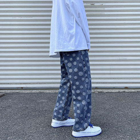 Men's Loose Fit Straight Wide Leg Smiling Face Denim Jeans