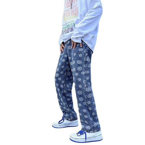 Men's Loose Fit Straight Wide Leg Smiling Face Denim Jeans