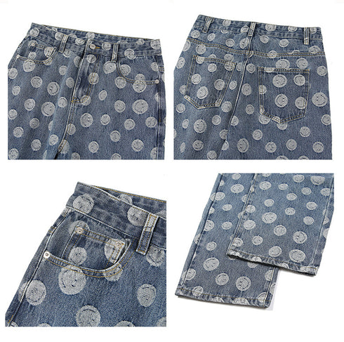 Men's Loose Fit Straight Wide Leg Smiling Face Denim Jeans