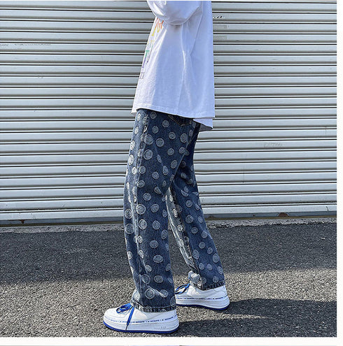 Men's Loose Fit Straight Wide Leg Smiling Face Denim Jeans