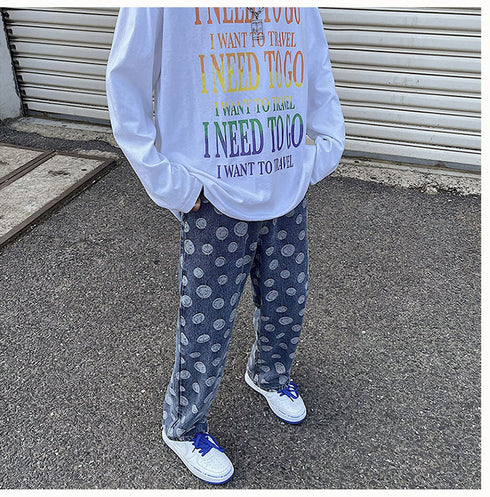 Men's Loose Fit Straight Wide Leg Smiling Face Denim Jeans