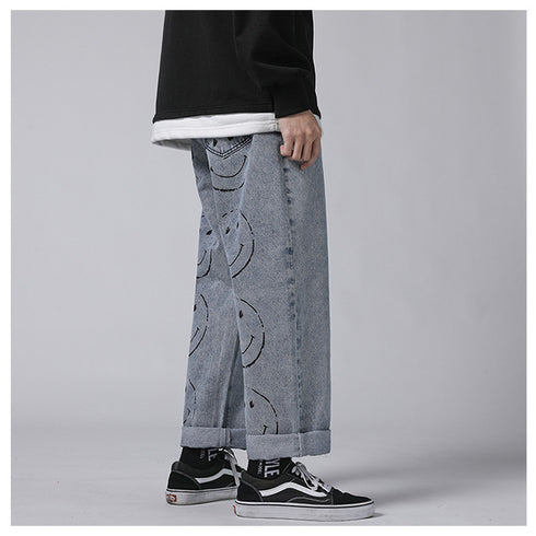 Men's Loose Fit Straight Wide Leg Smiling Face Denim Pants
