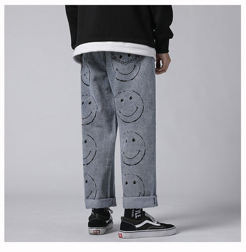 Men's Loose Fit Straight Wide Leg Smiling Face Denim Pants