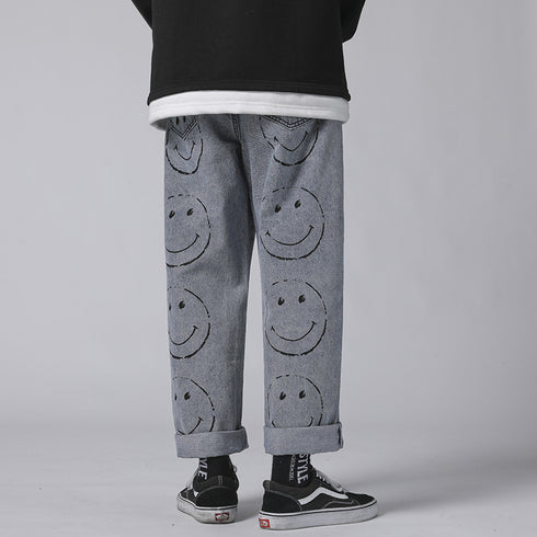 Men's Loose Fit Straight Wide Leg Smiling Face Denim Pants
