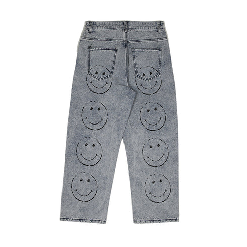 Men's Loose Fit Straight Wide Leg Smiling Face Denim Pants