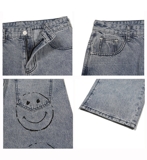 Men's Loose Fit Straight Wide Leg Smiling Face Denim Pants