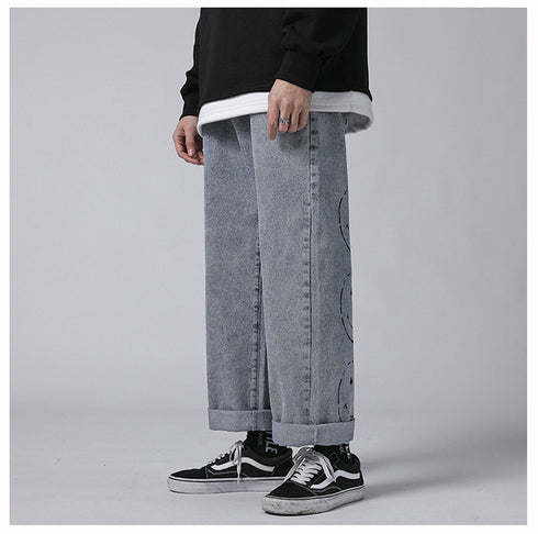 Men's Loose Fit Straight Wide Leg Smiling Face Denim Pants