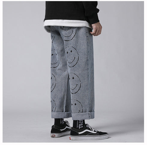Men's Loose Fit Straight Wide Leg Smiling Face Denim Pants