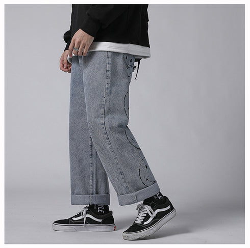 Men's Loose Fit Straight Wide Leg Smiling Face Denim Pants