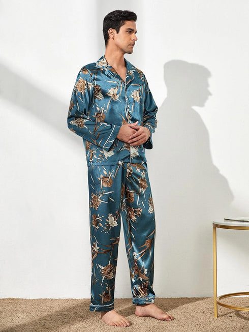 Men's Loungewear Button Blue Tops Pant Pajama Sets