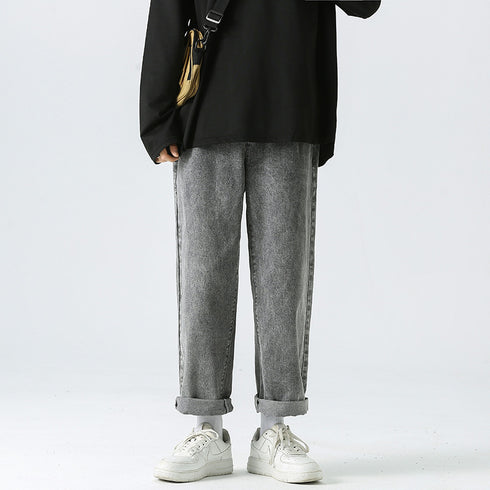 Men's Straight Leg Jeans Drawstring Denim Pants