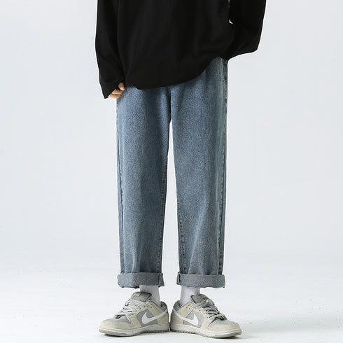 Men's Straight Leg Jeans Drawstring Denim Pants