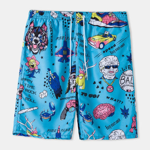 Men's Printed Beach Shorts with Drawstring Elastic Waist