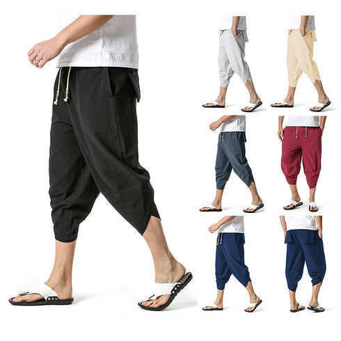 Men's Relaxed Fit Casual Capri Harem Pants with Pockets
