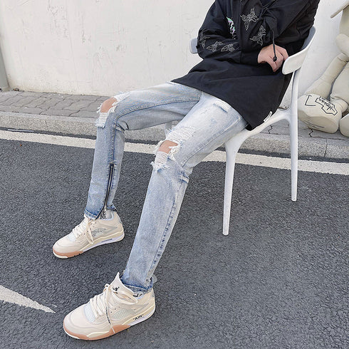 Men's Ripped Straight Fit Washed Denim Jeans
