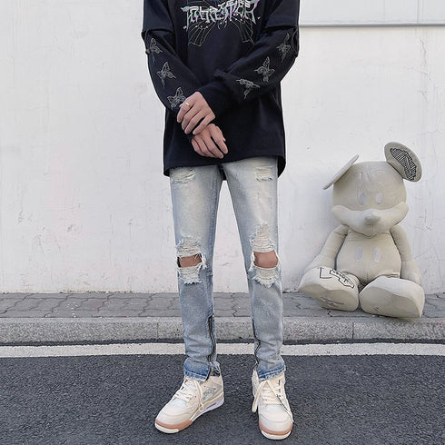 Men's Ripped Straight Fit Washed Denim Jeans