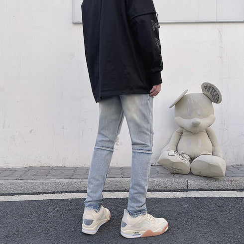 Men's Ripped Straight Fit Washed Denim Jeans