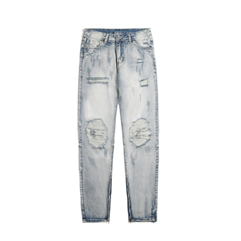 Men's Ripped Straight Fit Washed Denim Jeans