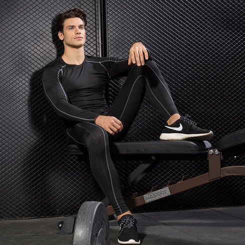 Men's Sport Long Sleeve Shirt Pants Two Piece Shapewear