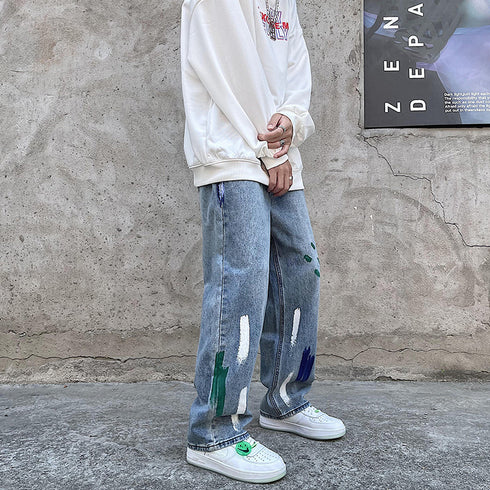 Men's Street Wear Casual Zipper Printed Denim Jeans