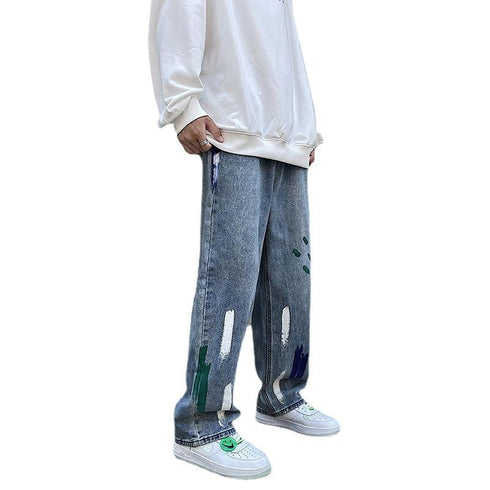 Men's Street Wear Casual Zipper Printed Denim Jeans