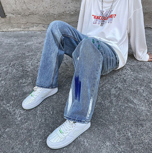 Men's Street Wear Casual Zipper Printed Denim Jeans