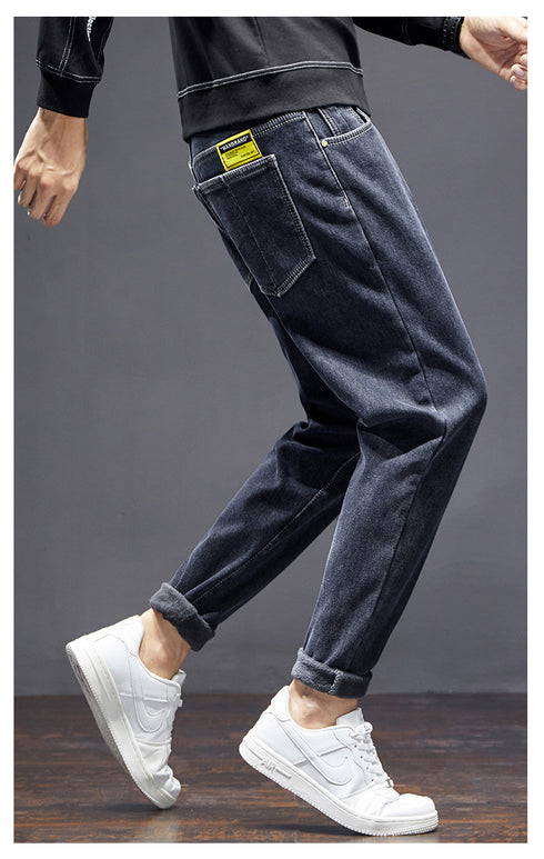 Men's Streetwear Fleece-Lined Straight Fit Denim Jeans