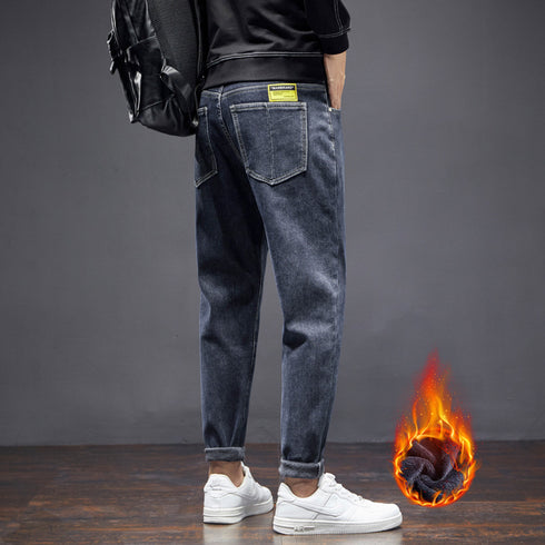 Men's Streetwear Fleece-Lined Straight Fit Denim Jeans