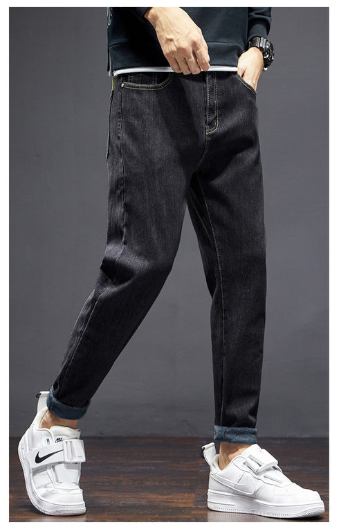Men's Streetwear Fleece-Lined Straight Fit Denim Jeans