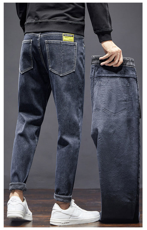 Men's Streetwear Fleece-Lined Straight Fit Denim Jeans