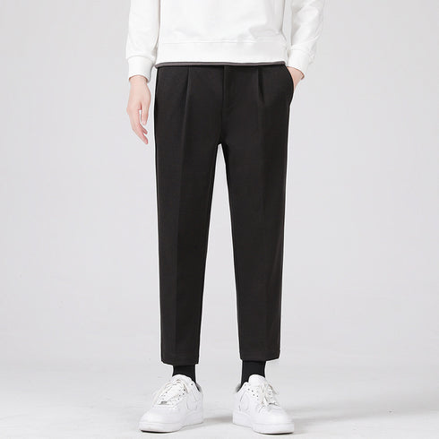 Men's Thicken Slim Fit Cropped Pleat-Front Dress Pants