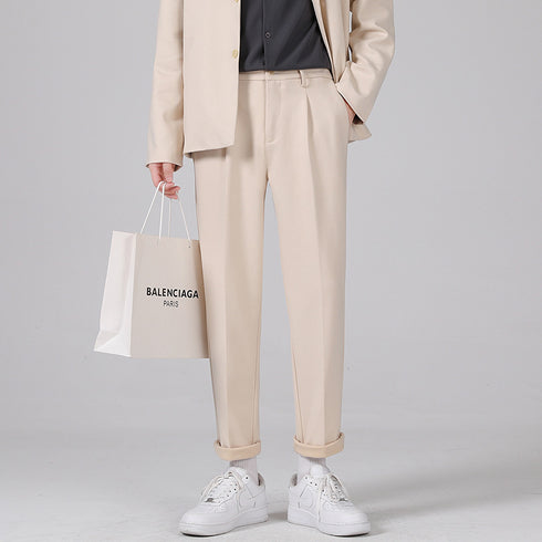 Men's Woolen Slim Fit Straight Pleat-Front Dress Pants