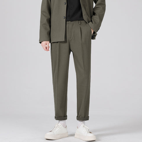 Men's Woolen Slim Fit Straight Pleat-Front Dress Pants