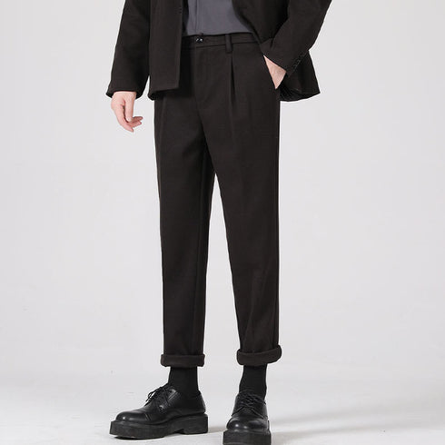 Men's Woolen Slim Fit Straight Pleat-Front Dress Pants