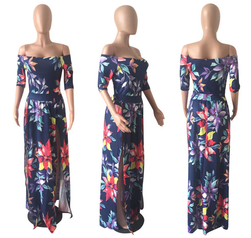 New Women's Fashion Printed Slit Long Maxi Dresses