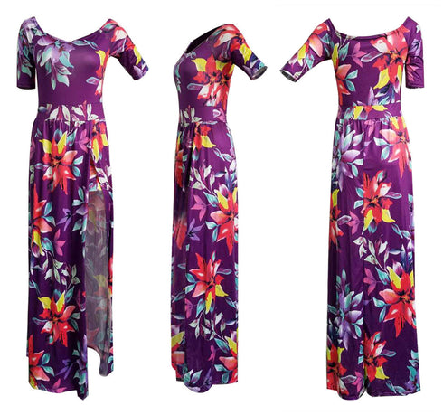 New Women's Fashion Printed Slit Long Maxi Dresses
