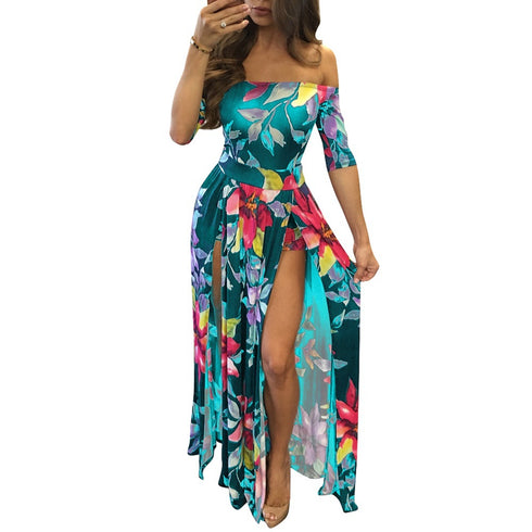 New Women's Fashion Printed Slit Long Maxi Dresses