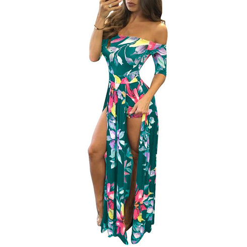 New Women's Fashion Printed Slit Long Maxi Dresses