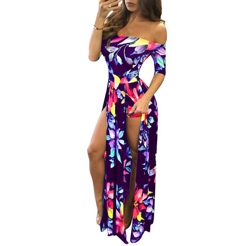 New Women's Fashion Printed Slit Long Maxi Dresses