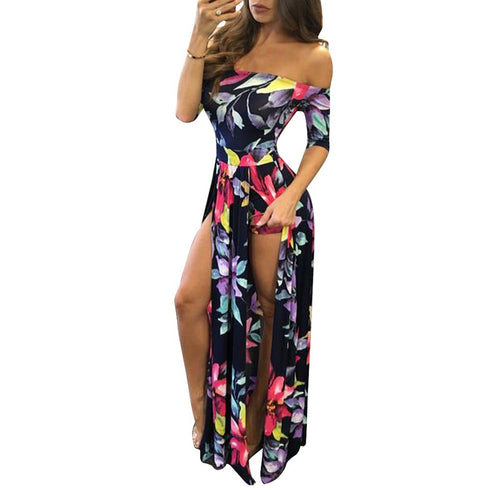 New Women's Fashion Printed Slit Long Maxi Dresses