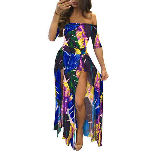 New Women's Fashion Printed Slit Long Maxi Dresses