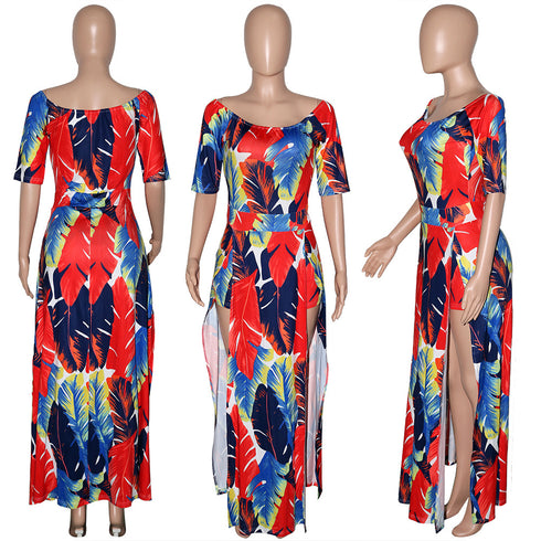 New Women's Fashion Printed Slit Long Maxi Dresses